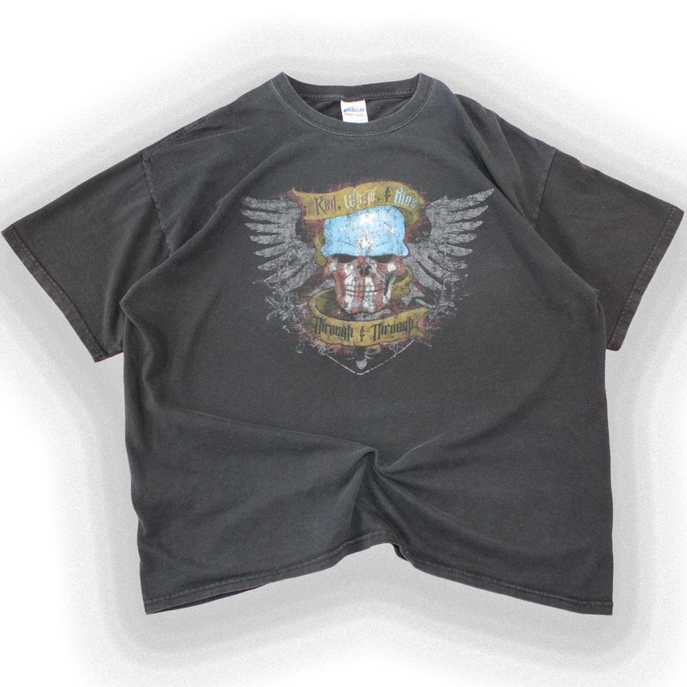 Gildan Vintage Y2K Black Skull American Flag Graphic Tee Mens XL Biker T-Shirt